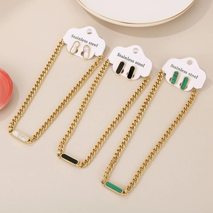 Gold stainless steel Cuban chain necklace and earring sets with colorful shell inlays