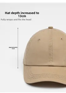 Detail of khaki cotton baseball cap showing 13cm deep crown with reinforced stitching