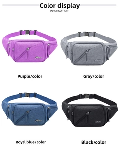 Detailed multi-color display of durable nylon waist bags in purple, grey, blue, and black