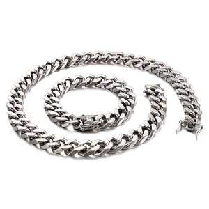 Classic silver stainless steel Cuban link necklace and bracelet set for men