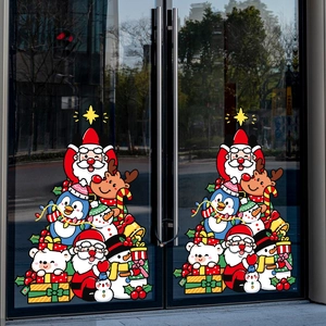 Cartoon Christmas tree window stickers with Santa, reindeer and snowman on glass doors