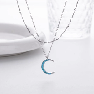 Minimalist S925 sterling silver layered necklace with light blue turquoise moon pendant