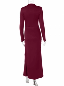 Back view of elegant wine red long sleeve maxi dress with slim fit silhouette