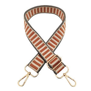 Adjustable wide shoulder strap with brown and beige stripes and gold metal buckles