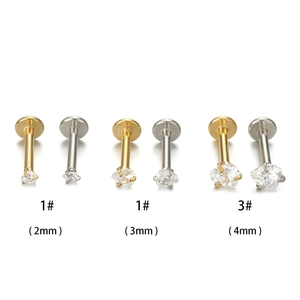 Size comparison of gold and silver internal thread lip studs with 2mm 3mm 4mm zircons