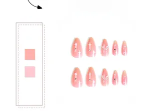 Detail of pink gradient press-on nails with 3D butterflies and silver rhinestones