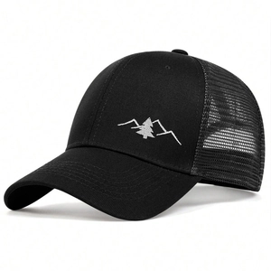 Outdoor black mesh trucker hat with white mountain embroidery and curved brim visor