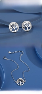 Detailed view of S925 sterling silver Tree of Life jewelry set with white zircon crystals