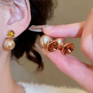 18K gold plated double-sided pearl and amber crystal earrings for a retro look