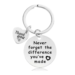 Macro detail of silver stainless steel keychain with engraved thank you heart pendant