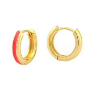 Detailed close-up of 18K gold-plated hoop earrings with vibrant pink enamel finish
