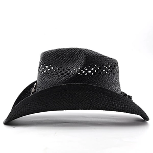 Chapeau de cow-boy vintage en paille noire ajourée avec large bord pour le soleil