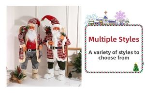 Detailed close-up of two Santa figurines in red and grey festive outfits with classic props