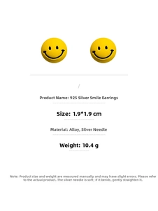 Detail of yellow smiley face earrings showing dimensions 1.9cm and 925 silver needle