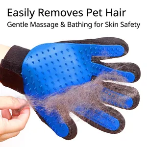 Blue rubber pet grooming glove for cats and dogs, effective hair removal and massage