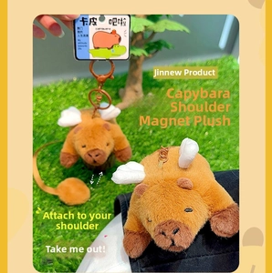 Macro shot of Capybara plush keychain with white wings and magnetic attachment detail