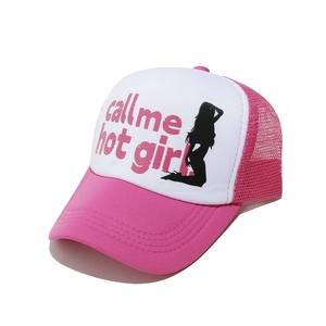 Pink and white mesh trucker hat with call me hot girl print and breathable back