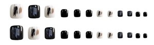 Set of 24 press-on toenails in black, white, and brown abstract patterns and glossy finish