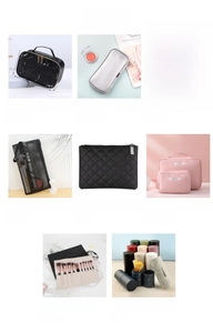 Detail of diverse makeup brush holders and bags with multi-compartment storage