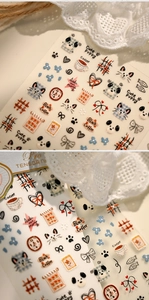 Detailed 5D embossed nail stickers with cute cartoon puppies cats and coffee motifs