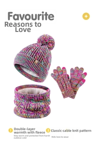 Detail of cable knit pattern and thick faux fleece lining on winter hat set