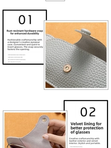 Macro view of grey genuine leather glasses case with metal snap and soft velvet lining