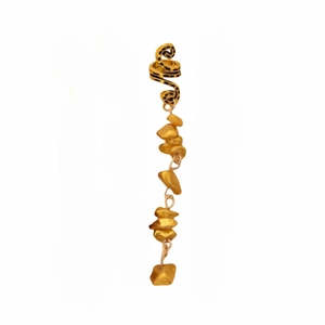 Detail of gold snake-coil earrings with dangling irregular natural stone pendants