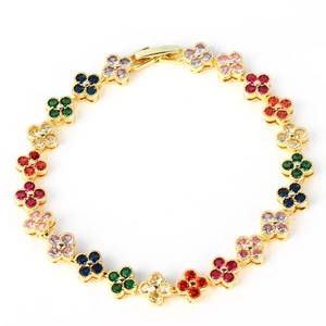 Gold-plated clover bracelet featuring multi-color cubic zirconia stones in a full loop