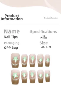 Size guide and product details for green gradient cat-eye press-on nails with star design