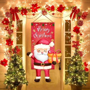 Christmas Door Hanging Banner Flag Santa Claus Gift Pattern Polyester Cloth Festive Outdoor Indoor Wall Porch Decor