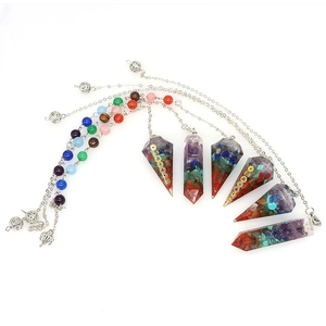 Chakra Natural Crystal Chips Resin Pendulum Necklace Hexagonal Point Reiki Healing Divination Dowsing Jewelry For Women Men