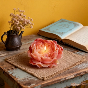 Austin rose scented candle in pink-orange color lit on a rustic burlap mat
