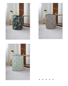 Three foldable laundry baskets featuring tropical leaf, grid, and flamingo canvas patterns