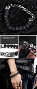 Détails du bracelet punk avec pierres volcaniques et breloques crâne en acier inox