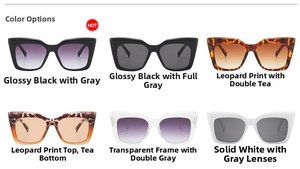 Detail view of cat-eye sunglasses collection in black, leopard, and transparent frames