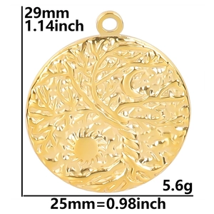 Detail view of 18K gold stainless steel sun and moon pendant with size 29mm x 25mm