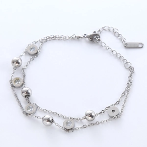 Double-layered silver stainless steel bracelet with Roman numerals and zircon stones