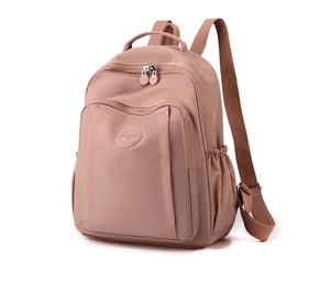 Detailed side view of water-resistant nylon backpack with smooth zippers and side pockets