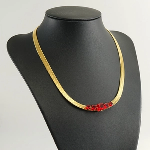 Gold plated 18k stainless steel herringbone necklace with red square zircon inlay