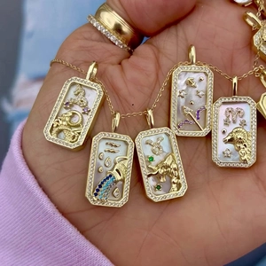 Zodiac Constellation Pendant Necklace Gold Plated Copper Enamel Rhinestone Pave Rectangular Tag Jewelry For Women