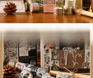 Macro detail of vintage washi tape set featuring old film and newspaper patterns