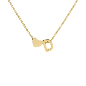Detail of 18k gold plated heart pendant with capital letter D on a simple chain