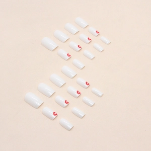 White square press-on nails with red lip prints and glossy finish displayed in a curve