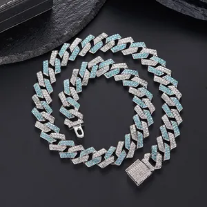 Detail of 15mm men's hip hop Cuban chain with blue and white micro-pave crystals