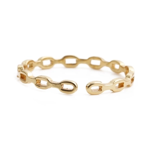 Polished gold adjustable open ring with hollow chain link design on white background