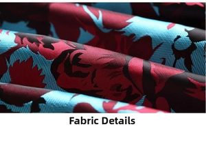 Close-up of floral jacquard fabric with red and blue patterns and silky texture