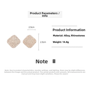 Detailed view of geometric square stud earrings with crystal rhinestones and dimensions