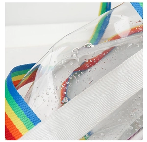 Detail shot of waterproof clear PVC bag featuring rainbow stripes and water droplets