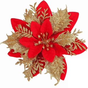 14cm red poinsettia Christmas flower with gold glitter accents for tree decoration