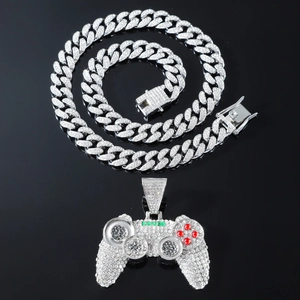 Silver iced out hip hop cuban link chain necklace with crystal game controller pendant